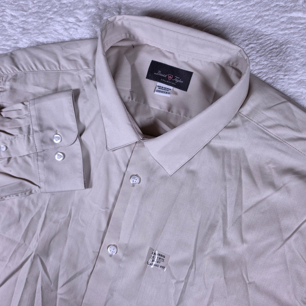 NEW David Taylor Classic Fit Mens 18-18.5x36-37 Beige L/S Button Up Shirt